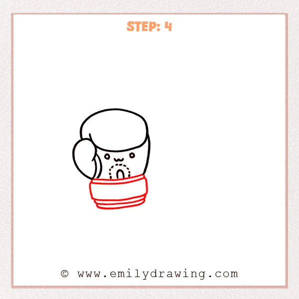 how to draw a boxing gloves - Step 4 of an easy boxing gloves drawing adding a wide wrist cuff band and two curved stripes to show layered padding.